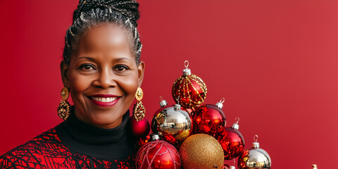 A Black woman with braids smiling next to a pile of Christmas decorations against a red background.