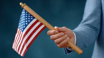 Trade negotiation, free trade agreement, A person holds a small American flag, symbolizing patriotism and national pride, against a blurred blue background.