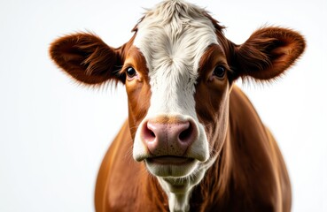 Close-up of a brown and white cow facing forward with a neutral background