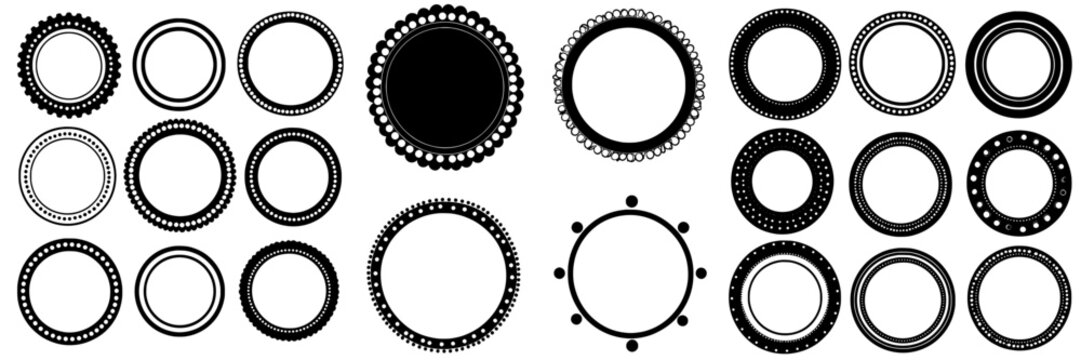 A white background showcases circle frames, a doodle frame system, and a circle monogram sign, all in flat style