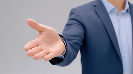 Trade negotiation, free trade agreement, A businessman extends his hand in a welcoming gesture, symbolizing professionalism and opportunity in a neutral setting.