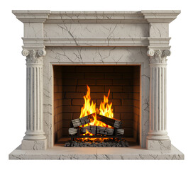 White Marble Fireplace with Columns, Burning Logs on Transparent Background, 3D Realism Asset