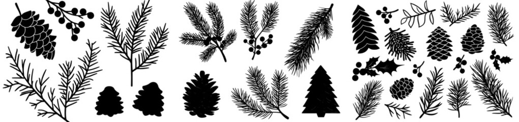 Modern Christmas plants including holly berry, christmas tree, pine, rowan, along with leaves and branches serve as holiday decorations and winter symbols isolated on a white background, featuring
