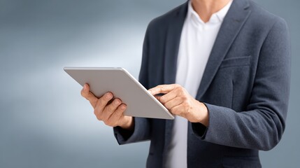 Trade negotiation, free trade agreement, A man in a blazer holds a tablet, engaged in a modern, digital interaction against a soft, neutral background.