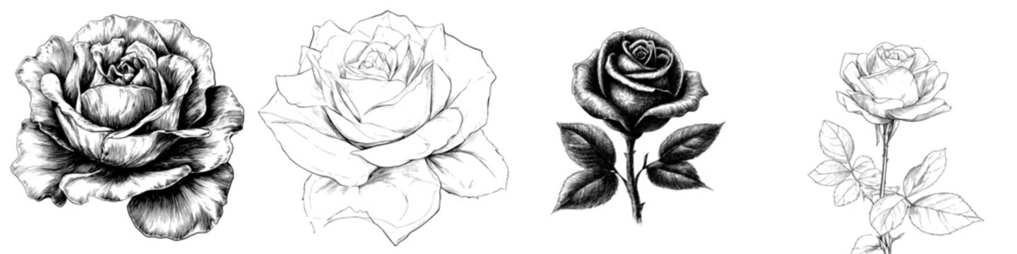 A modern illustration features a rose sketch with a black outline set against a white background
