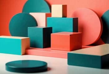 Fototapeta premium Colorful geometric shapes arranged on a white surface with a pink background