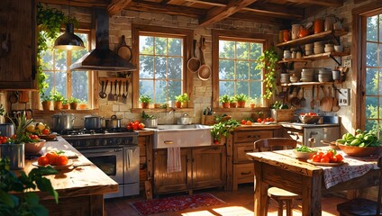 Cozy anime style rustic kitchen interior with sunlit wooden shelves, fresh vegetables, and potted plants