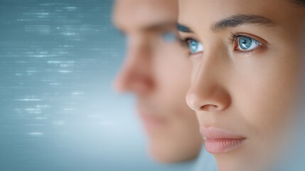 Trade negotiation, free trade agreement, A close-up of a woman's face with striking blue eyes, set against a blurred background featuring a male silhouette, evoking a sense of focus and contemplation.