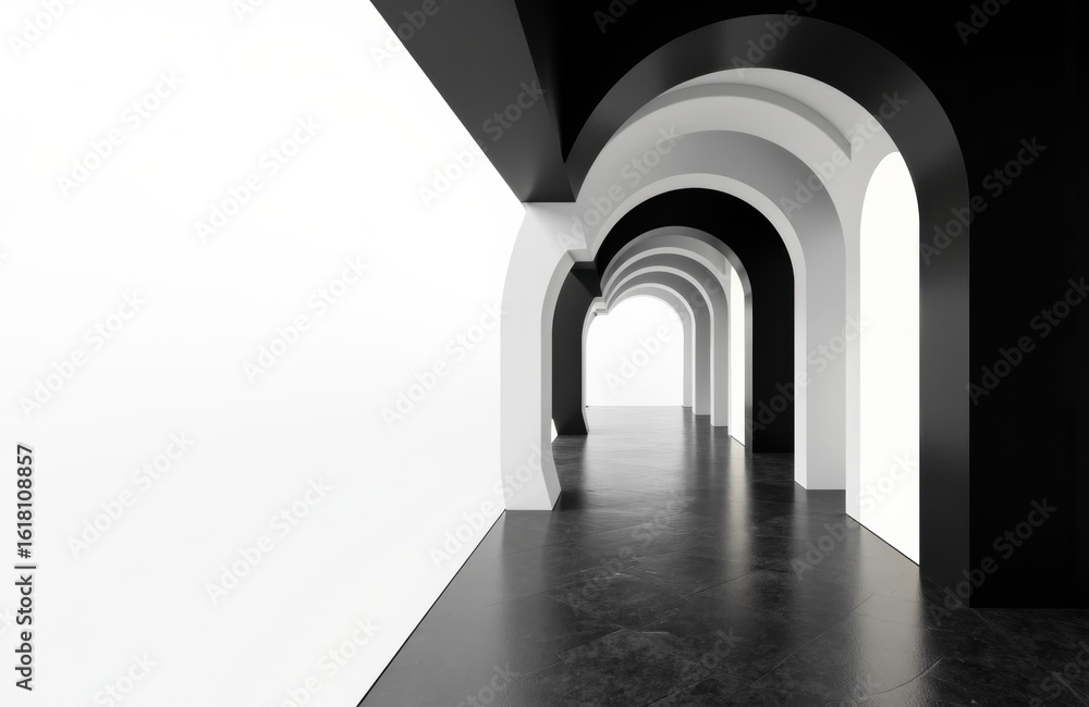 Poster a modern corridor with repeating arches creating a sense of depth and perspective