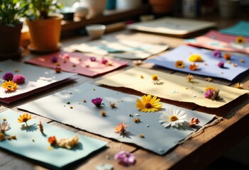 Colorful paper sheets decorated with fresh flowers arranged on a wooden table for craft projects