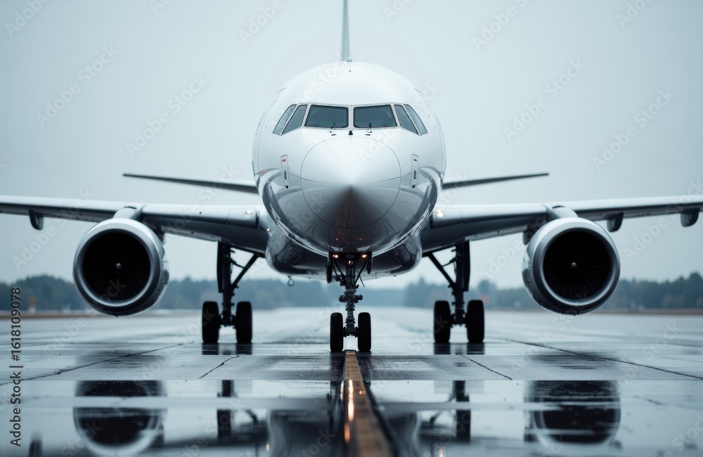 Poster passenger airplane parked on wet runway with engines running and cloudy sky in background