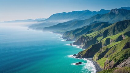 Obraz premium Sunny summer day vacation travel beach panoramic view with lush green hills cliffs and deep blue ocean under a clear blue sky illustration. Landscape photograph of a breathtaking coastal scene.