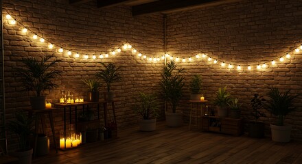 Fototapeta premium Romantic and cozy evening atmosphere in a loft with glowing string lights, candles, and plants against a brick wall.
