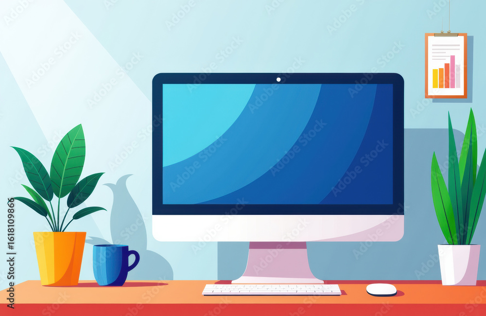 Poster computer monitor on desk with potted plants and chart in background