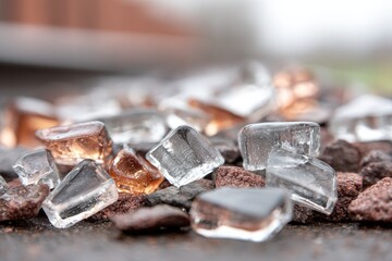 Close-up of small,faceted,glass crystals in clear and amber tones,scattered on a dark surface with reddish-brown stones