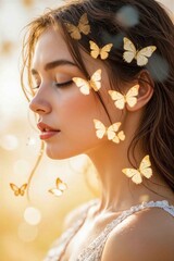 
Woman with butterflies and golden light in a dreamy summer portrait with soft bokeh and closed eyes. Perfect for beauty ads, wellness branding, nature posters, and inspirational content.