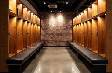 A locker room with wooden lockers and black benches along the walls, illuminated by warm lighting and featuring a brick wall at the back