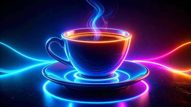 Steaming cup of coffee with neon lights glowing in the dark.