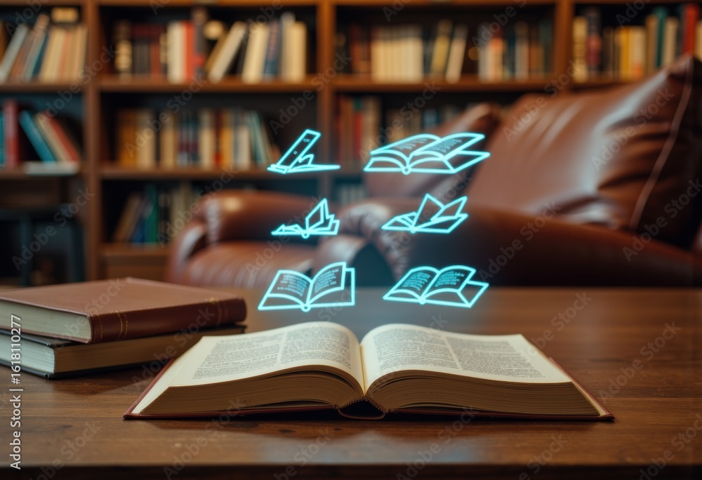 Poster open book on a wooden table with floating neon book icons in a cozy library setting