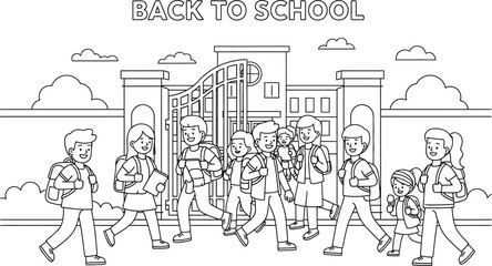 Obraz premium Vector art of a line art illustration of students going back to school, walking through the school gate