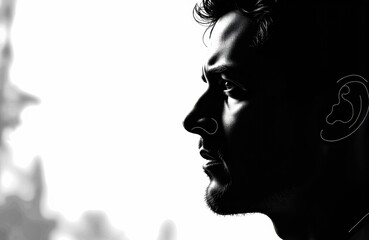 Obraz premium Contemporary black and white profile of a man with detailed facial features and hairstyle