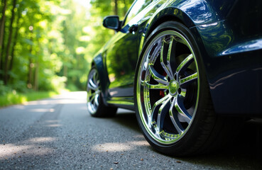 A sleek black car parked on a quiet forest road surrounded by lush green trees