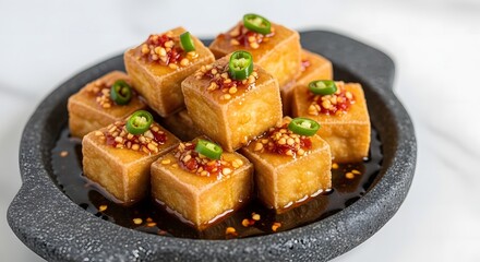 Crispy fried tofu appetizer with a spicy chili garlic sauce and fresh green peppers, served in a black stone dish