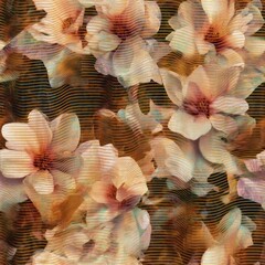 Abstract Floral Background with Layered Magnolia Blossoms and Wave Patterns.