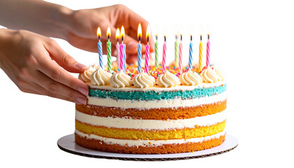 Close-up of hands lighting birthday candles on a vibrant, multi-layered cake isolated on solid white background in Png