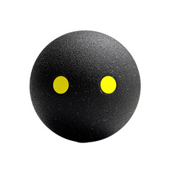 3D squash ball, matte black with two yellow dots, isolated on white background. PNG