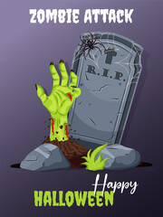 Halloween poster with green creepy zombie hand rising from the grave, spider and web. Vector illustration for postcard design or party invitation.