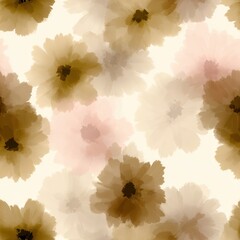 Seamless Pattern of Soft Brown and Pink Floral Watercolor Blossoms.