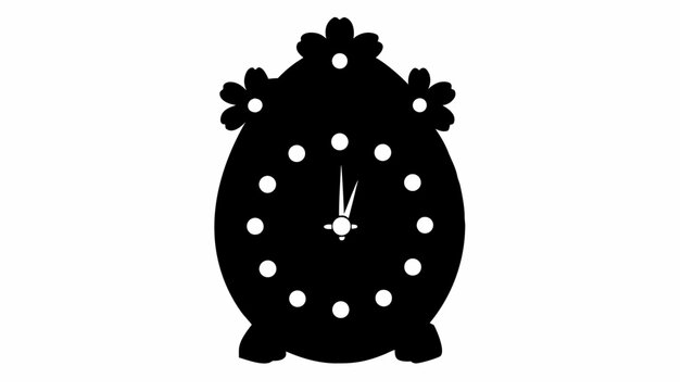 Silhouette of a decorative clock with floral accents and circular hour markers showing the time at twelve o five