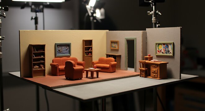 Miniature diorama of a living room and office set for a stop-motion animation production, illuminated by studio lights.