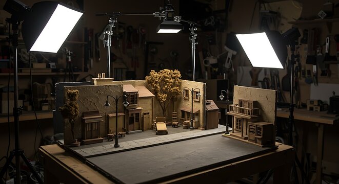 A miniature model town set on a tabletop stage with professional lighting for a film or animation production concept