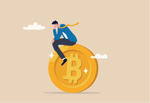 Bitcoin hodl, holder who buy bitcoin or crypto currency for long term investment, crypto investing or believe in Bitcoin independence concept, calm businessman investor relax sitting on Bitcoin.