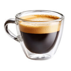 Double-walled glass espresso cup with crema, isolated on white background. PNG