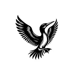 Obraz premium Black silhouette of a cormorant with wings spread wide in flight.