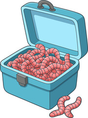 Container filled with worms for fishing bait, ready for catching fish.