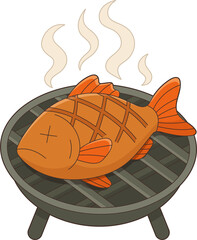Grilled Fish on BBQ, Cartoon Illustration with Orange Scales and Steam