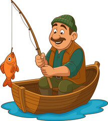 Happy fisherman in wooden boat reeling in a fish with a fishing rod.
