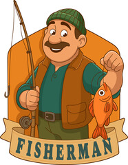 Cartoon man holding a fish he caught using a fishing rod and reel