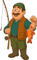 Cartoon Fisherman with Fish: A depiction of an outdoorsy fishing enthusiast.