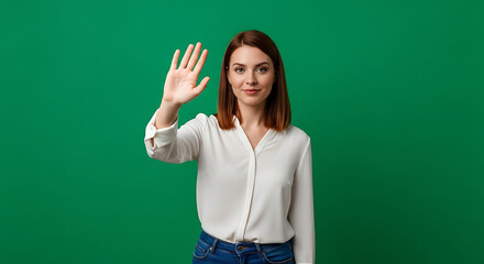 A friendly woman with auburn hair raises her open palm in a greeting or stop gesture against a green background.