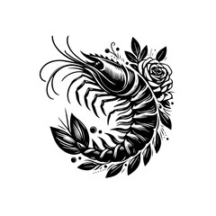 Elegant Black and White Illustration of a Shrimp with Floral Accents.