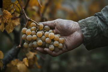 An old hand holding a bunch of green grapes in a vineyard.