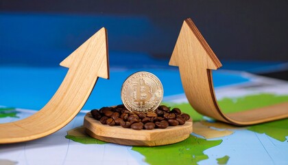 A conceptual image of a Bitcoin coin on coffee beans with upward arrows on a world map, symbolizing global financial growth and commodity trading.