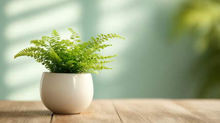 Boston Fern sits in pot on wooden table. Modern, minimalist. Great for design, web, marketing, blog, social media.