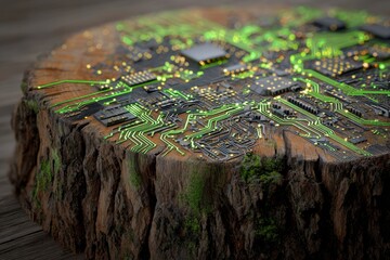 Tree Trunk Circuit Board: Nature and Technology Integration.