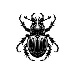 Intricate Black and White Illustration of a Majestic Rhinoceros Beetle.
